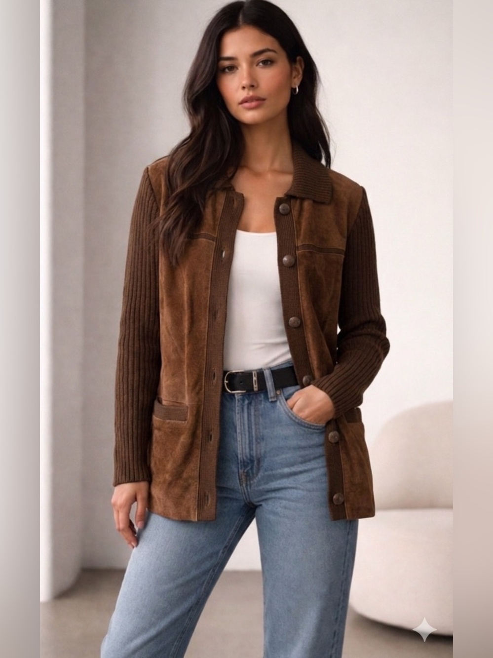 Vintage Sears Suede Leather jacket cable knit sleeves leather wrapped buttons